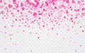 Pink pattern of random falling hearts confetti. Border design element for festive banner, greeting card, postcard, wedding