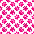 Pink paw print seamless repeating background pattern. Cat or dog footprints. Vector illustration. Royalty Free Stock Photo