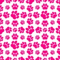 Pink paw print seamless repeating background pattern. Cat or dog footprints. Vector illustration. Royalty Free Stock Photo