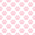 Pink paw print seamless repeating background pattern. Cat or dog footprints. Vector illustration. Royalty Free Stock Photo