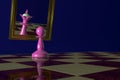 The pink pawn looks in the mirror and sees the Queen in the reflection. Concept: megalomania, stupidity, dreams, turning a pawn Royalty Free Stock Photo