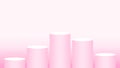 Pink pedestal cylinder circle five steps for cosmetics showcase, podium circle stage pink pastel soft color, platform 5 steps for