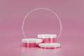 Pink pedestal or podium display with glass ring platform on valentines concept background. Blank cosmetic shelf stand for showing