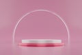 Pink pedestal or podium display with glass ring platform on valentines concept background. Blank cosmetic shelf stand for showing