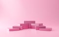 Pink pedestal of stairs or podium stand on pink background with cosmetics product presentation concept. Modern pink luxurious