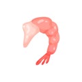 Flat vector icon of pink peeled shrimp. Tasty boiled prawn. Marine product. Cooking ingredient. Seafood theme