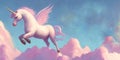Pink Pegasus pony unicorn horse with wings and horn flaying in the heaven sky with fluffy clouds.