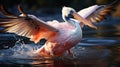 Pink pelican, wingspan over water. Beautiful large bird close up. Royalty Free Stock Photo