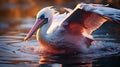 Pink pelican, wingspan over water. Beautiful large bird close up. Royalty Free Stock Photo