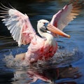 Pink pelican, wingspan over water. Beautiful large bird close up. Royalty Free Stock Photo