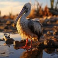 Pink pelican, wingspan over water. Beautiful large bird close up. Royalty Free Stock Photo