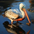 Pink pelican, wingspan over water. Beautiful large bird close up.