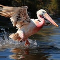 Pink pelican, wingspan over water. Beautiful large bird close up. Royalty Free Stock Photo