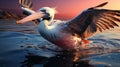 Pink pelican, wingspan over water. Beautiful large bird close up. Royalty Free Stock Photo