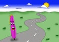 The pen illustration looks happy walking on a winding road