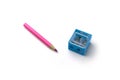 Pink pencil and blue sharpener are prepared for love writing. Royalty Free Stock Photo
