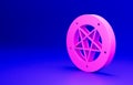 Pink Pentagram in a circle icon isolated on blue background. Magic occult star symbol. Minimalism concept. 3D render