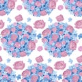 Pink peonies and blue hydrangeas, seamless vector pattern Royalty Free Stock Photo