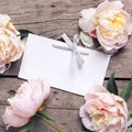 Pink peonies flowers and empty tag on aged wooden background.