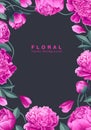 Vertical background with floral frame from inflorescences of pink peony, petals, leaves and stems.