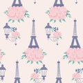 Pink peonies, paris and laterns, in a seamless pattern design