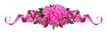 Pink peonies, rose flowers and satin ribbons in a line floral ar