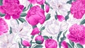 Realistic vector tulips and pink peonies desktop wallpaper for computers, laptops, tablets.