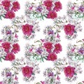 Pink peony crayon bouquet on a white background with branch flower cherry seamless pattern