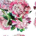 Pink peony crayon bouquet on a white background seamless pattern