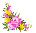 Pink peony flower with yellow lilies in a floral corner arrangement