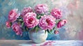 Pink peony flowers arranged in a white vase. Oil painting illustration Royalty Free Stock Photo