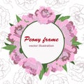 Pink peony round frame on peony outlined background.