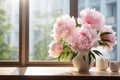 A pink peony by a sunlit window, offering copy space