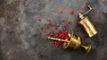 Pink peppercorns, a bronze pepper mill and a mortar on metal rusty background, top view, copy space Royalty Free Stock Photo