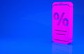 Pink Percent discount and mobile phone icon isolated on blue background. Sale percentage - price label, tag. Minimalism