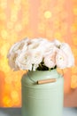 Pink persian buttercup flowers. Curly peony ranunculus in Metallic gray vintage can. Vase with beautiful bouquet on Royalty Free Stock Photo