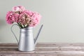 Pink persian buttercup flowers. Curly peony ranunculus in Metallic gray vintage watering can, copy space. Royalty Free Stock Photo