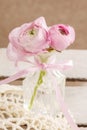 Pink persian buttercup flowers (ranunculus) in crystal vase
