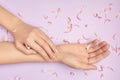 Pink petals of a flower in gentle womans hands on a violet background. Concept of advertisment of beauty salon. Gift certificate.