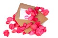 Pink petals of rose with letter in an envelope with kiss lipstick isolated on the white background