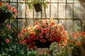 Pink petunia flower hanging in pot. Growing spring flowers in large glass greenhouses Royalty Free Stock Photo