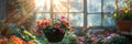 Pink petunia flower hanging in pot. Growing spring flowers in large glass greenhouses Royalty Free Stock Photo