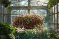 Pink petunia flower hanging in pot. Growing spring flowers in large glass greenhouses Royalty Free Stock Photo