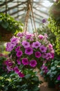 Pink petunia flower hanging in pot. Growing spring flowers in large glass greenhouses Royalty Free Stock Photo