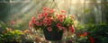 Pink petunia flower hanging in pot. Growing spring flowers in large glass greenhouses Royalty Free Stock Photo