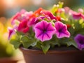 pink petunia flowers in pot on blurred background, spring time