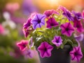 pink petunia flowers in pot on blurred background, spring time