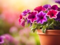 pink petunia flowers in pot on blurred background, spring time