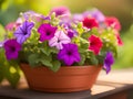 pink petunia flowers in pot on blurred background, spring time