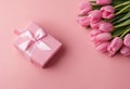 pink photo background stylish bow ribbon concept Top copyspace pastel bouquet isolated giftbox pink view Mother\'s tulips Royalty Free Stock Photo